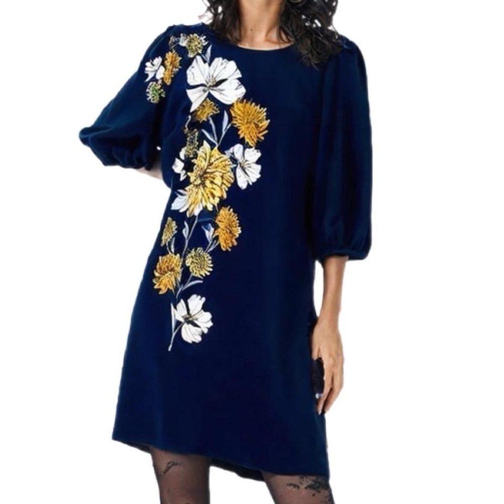 Ann Taylor Floral Puff Sleeve Mini Dress in Navy Size XS
